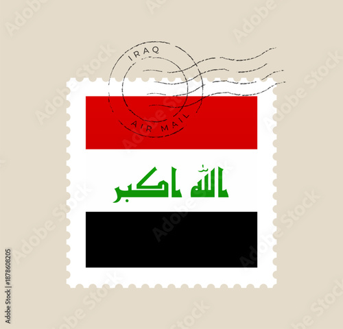 Iraq flag on a vintage vector postage stamp with a retro air mail cancellation postmark for travel concepts.