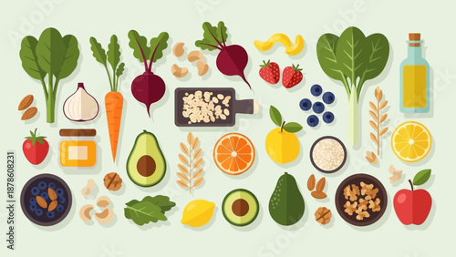 Assorted healthy foods and ingredients arranged on a light background
