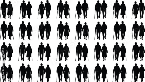 Elderly couple walking silhouettes pattern, senior people with walking sticks companionship aging support healthcare retirement lifestyle vector illustration