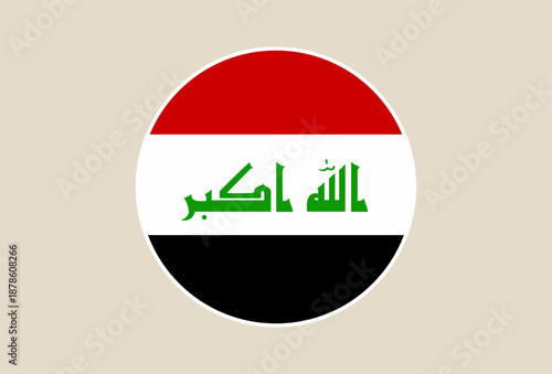 Iraqi Flag presented as a circular vector icon, a national symbol of Iraq isolated for patriotic web design.