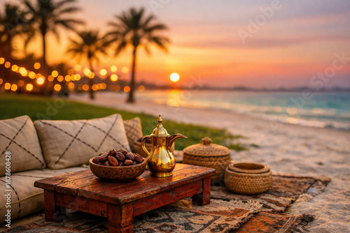 Ramadan Kareem Beachfront lounge setup at sunset for Ramadan celebration