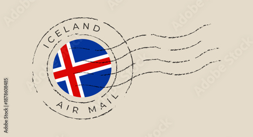 Iceland flag postal stamp cancellation mark on vintage paper for air mail and international travel, a retro design.