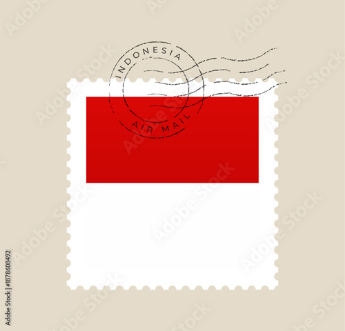 Indonesian flag postage stamp vector with a vintage air mail postmark cancellation for travel and correspondence concepts.