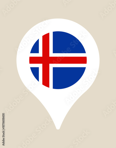Iceland flag within a map location pin, a modern vector icon representing a national travel destination for tourism.
