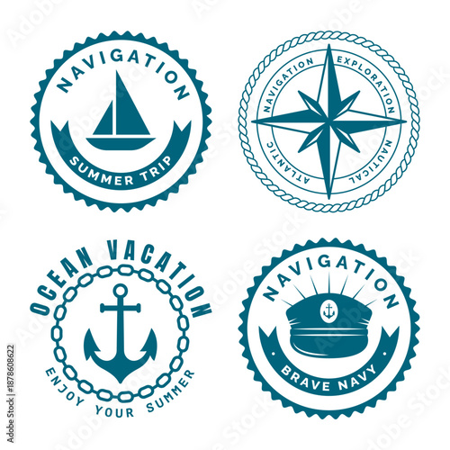 Nautical logo. Yacht club icon. Navigation compass. Old sailor. Sailing wheel badge. Navy captain hat. Sea anchor print. Ocean wave. Marine emblem design. Maritime boat. Vector vintage symbols set