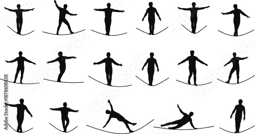 Black silhouette illustration of person walking on slackline, showing balance, movement, falling stages, acrobatic performance, and outdoor sport challenge