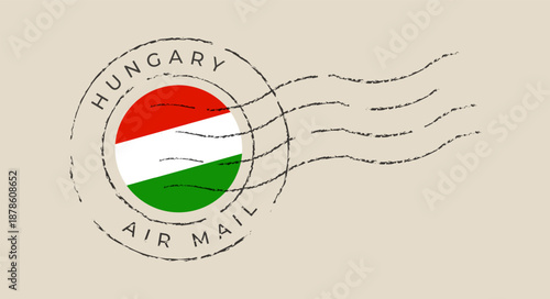 Vintage vector air mail postage stamp with the flag of Hungary, a retro grunge postmark for travel and correspondence.