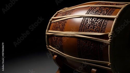 Detailed Carving Traditional Drum Instrument With Strap and Dark Background