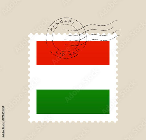 Hungary flag postage stamp featuring a grunge air mail postmark, a vintage vector illustration for travel and correspondence.