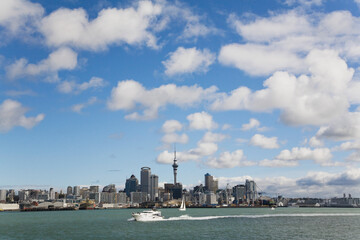 Auckland city skyline and Sky Tower viewed from North Shore waterfront