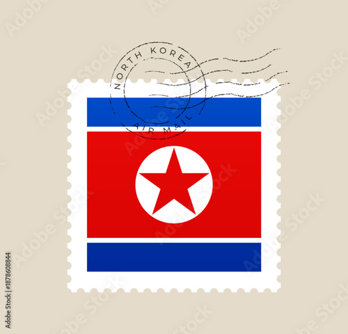 North Korean flag postage stamp with a vintage air mail postmark, isolated on a background for design.