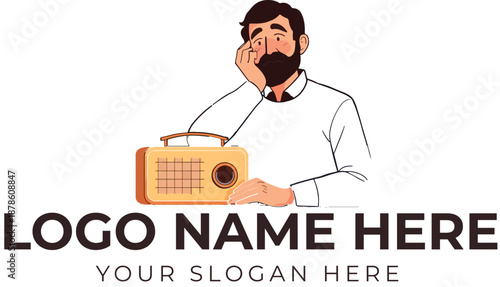 Podcast logo vector with cartoon bearded man holding vintage radio and touching face for broadcasting branding