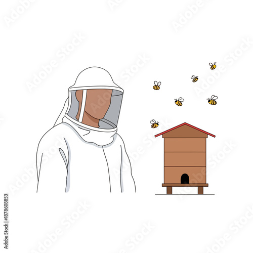 Beekeeper wearing protective white suit standing near a wooden beehive with several honeybees flying around the structure on transparent background