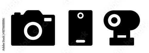 Camera set. Photo camera, webcam, smartphone camera. Vector black flat icons isolated on white background.