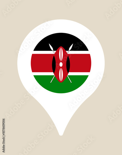 Kenyan flag with Maasai shield inside a map location pin icon symbolizing travel, geography, and national pride.