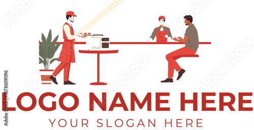 Restaurant service logo vector with masked customer, server in red uniform, round table, and potted plant ambiance