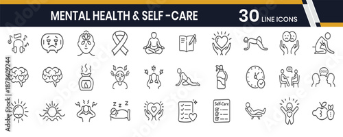 Mental Health & Self-Care Icon Set: A collection of meticulously crafted line icons. Representing diverse themes related to mental well-being and self-care.