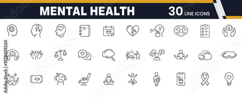 Mental Health Line Icons: A collection of meticulously crafted line icons symbolizes the various aspects of mental health, providing visual representations for concepts such as mindfulness, self-care.