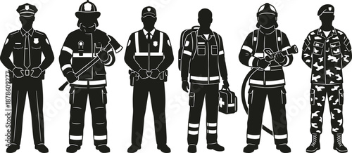Emergency services uniform silhouettes set showing police firefighter paramedic rescue military professionals safety response vector illustration collection