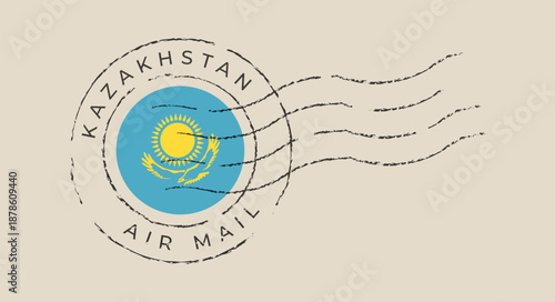 Kazakhstan Flag Postal Stamp Representing International Air Mail on a Vintage Travel Postcard with a Nostalgic Grunge Texture.