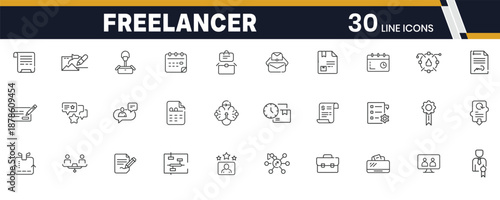 Freelancer Icon Set: A comprehensive collection of 30 minimalist line icons, meticulously designed to represent various aspects of the freelance lifestyle.