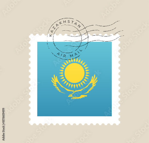 Kazakhstan flag postage stamp with a retro air mail cancellation mark, a vector icon for international mail and travel.