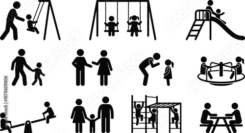 Family playground activity silhouettes set showing parents children playing swing slide seesaw park recreation vector pictogram illustration