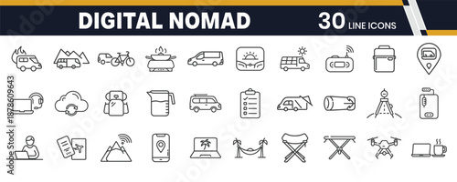 Digital Nomad Icons: A comprehensive collection of meticulously designed icons representing the nomadic lifestyle, perfectly capturing the essence of remote work, travel, and freedom.