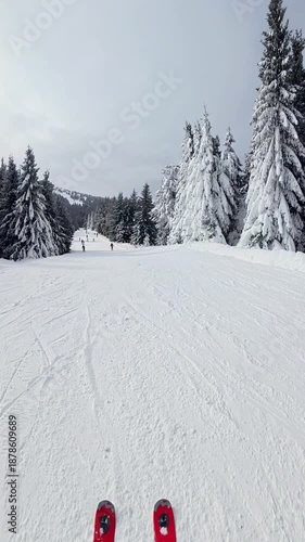 Travel and winter adventure concept. Beautiful POV ski landscape on the mountains. Skier skis down a snowy mountain trail in cloudy weather. Vertical shot in slow motion
