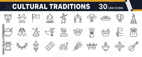 Cultural Traditions Icon Set: A collection of meticulously crafted line icons representing diverse cultural traditions, embodying the rich tapestry of human customs and heritage.