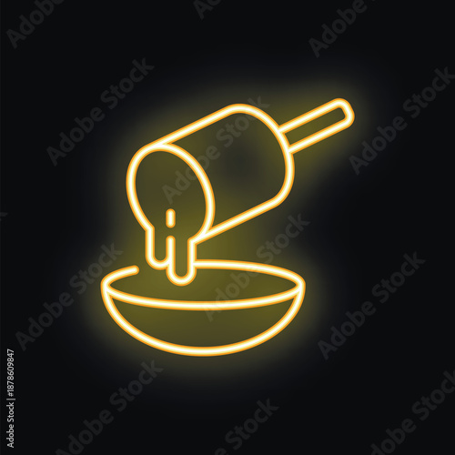 Neon glowing icon of a honey dipper dripping honey into a bowl, on a black background