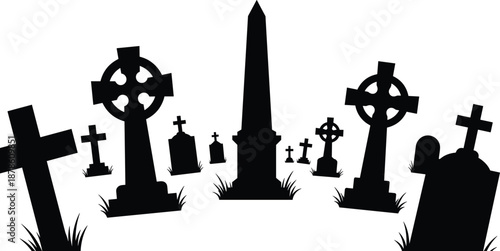 Graveyard cemetery silhouette illustration, showing tombstones crosses memorials spooky gothic landscape funeral death concept vector background night horror religion faith