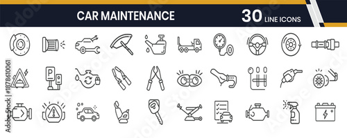 Car Maintenance Icon Collection: A comprehensive set of meticulously crafted line icons, representing the essential elements of car care and repair. Each icon conveys information concisely