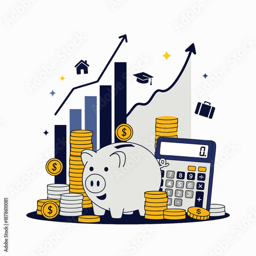 Financial planning, investment, and saving money concept. Piggy bank, calculator, coins, and rising graphs illustrate wealth accumulation, future goals, education, and personal finance management.