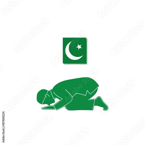 Simple green silhouette of a Muslim man performing prostration in prayer known as sujood near the Pakistani flag symbol on transparent background