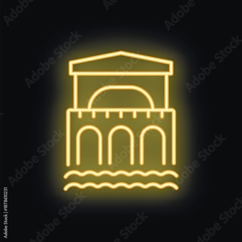Neon yellow ponte vecchio bridge icon glowing on dark background