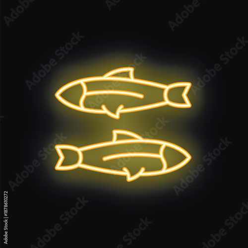 Two yellow neon fishes are swimming in opposite directions on this black background