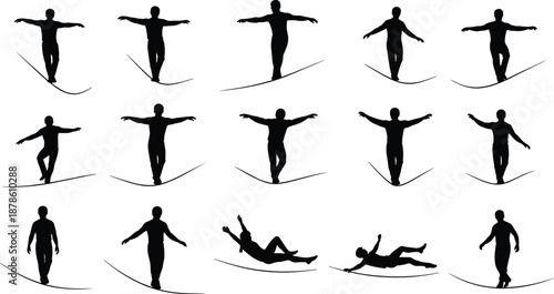 Black silhouette illustration of person walking on tightrope, showing balance, posture changes, falling stages, recovery movements, and acrobatic performance concept