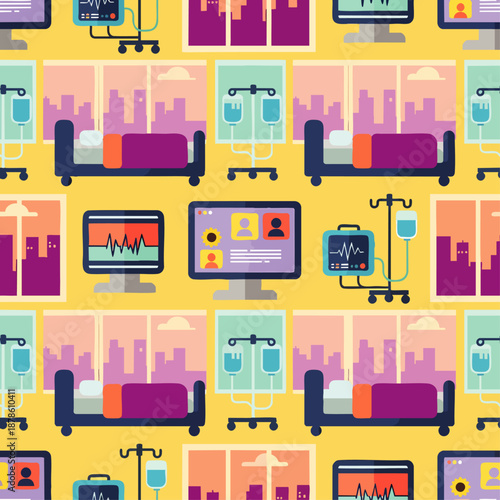 Seamless vector pattern of hospital rooms with beds, IV drips, and medical monitors, illustrating modern healthcare technology and patient care services.