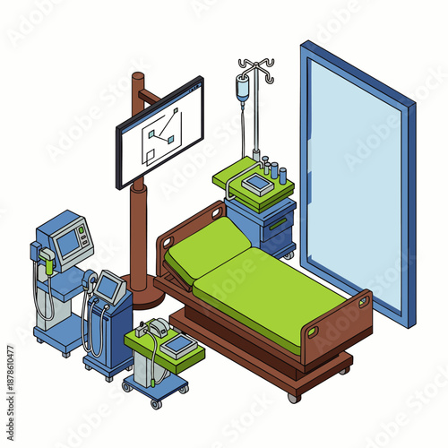 Isometric view of a modern hospital room equipped with essential medical technology: patient bed, ventilators, monitors, and IV stand for critical healthcare.