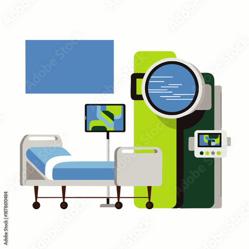 Hospital room illustration with a patient bed, advanced medical monitors, and diagnostic equipment, symbolizing modern healthcare technology and patient recovery.
