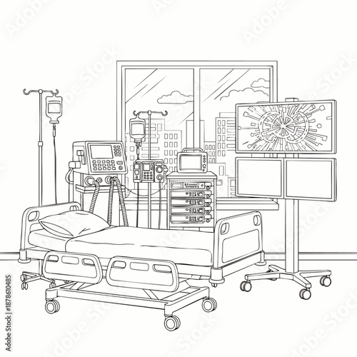 Line art of a modern intensive care unit (ICU) room. Hospital bed, advanced medical equipment, and monitors. Critical patient care, healthcare technology, city view.