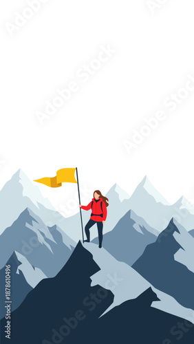 Vector illustration of a determined woman holding a flag atop a snowy mountain peak, symbolizing achievement and success