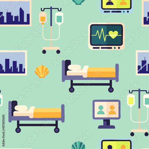 Seamless pattern of medical equipment and hospital beds with city skyline elements on a light green background