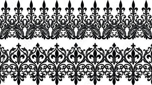 Ornate fleur de lis wrought iron border pattern, vintage black decorative metal fence design, seamless ornamental silhouette isolated white background