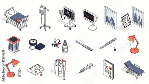 Isometric medical equipment set, hospital bed, monitor, syringe, crutches, and other healthcare items for clinics and hospitals
