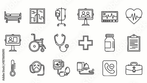 Set of medical icons, representing healthcare, hospital, and doctor's office equipment and symbols in a clean line art style.