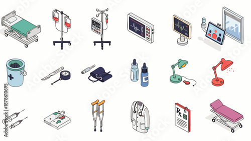 Set of isometric medical equipment and healthcare icons for hospital, clinic, and doctor's office. Includes bed, IV drip, monitor, crutches, stethoscope, and more.