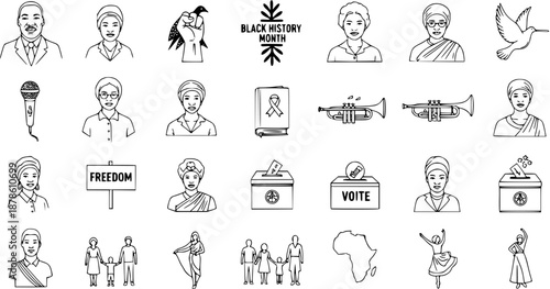 Black History Month Icons - Line Art Vector Set: People, Symbols, and Voting