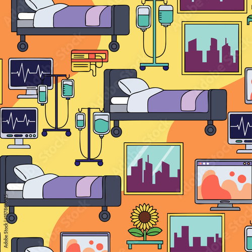 Seamless hospital room pattern with beds, IV drips, monitors, and city skyline art, representing healthcare and medical care.